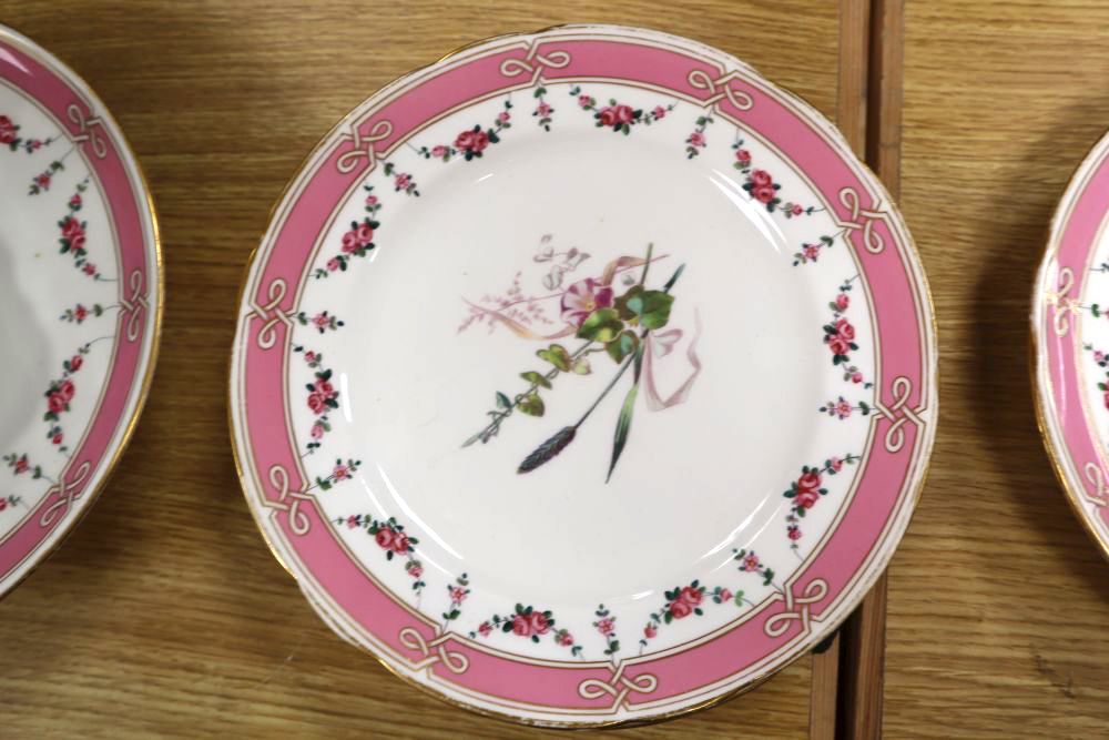 A set of eight floral and gilt dessert plates and comport and a Copenhagen penguin miniature vase and frog leaf dish